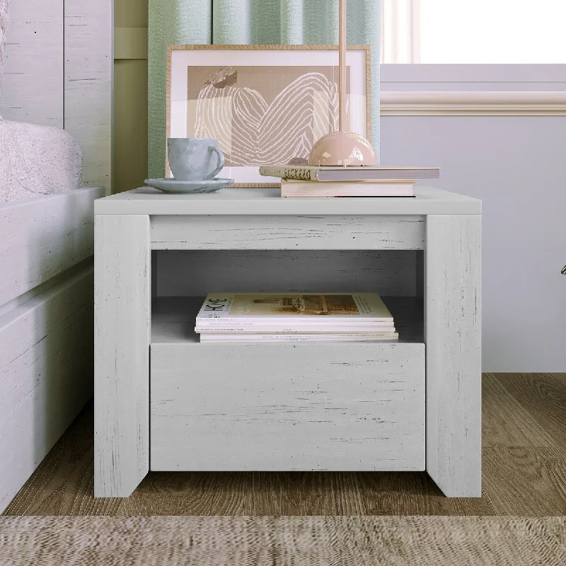 15" Tall 1-Drawer Wood Nightstand with Exterior Shelves