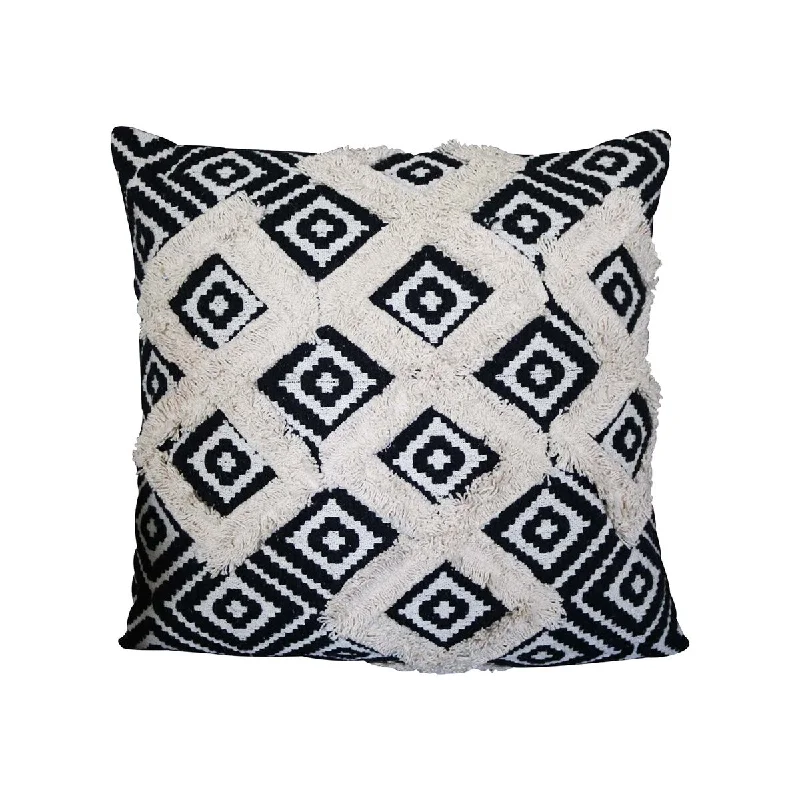 18 x 18 Handcrafted Square Jacquard Soft Cotton Accent Throw Pillow, Diamond Pattern, White, Black - White