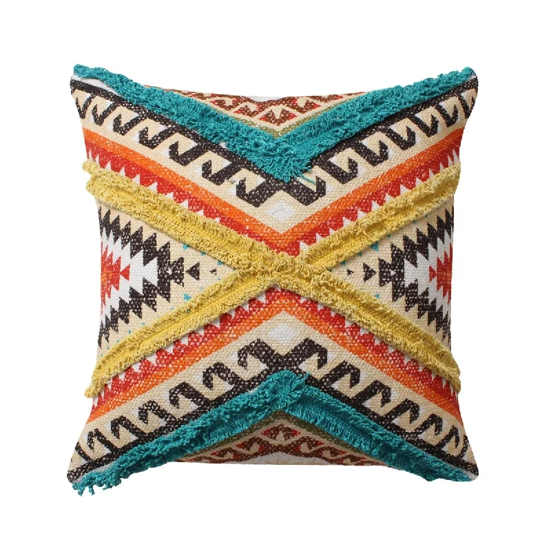 18 x 18 Square Cotton Accent Throw Pillow, Aztec Tribal Inspired Pattern, Trimmed Fringes, Multicolor