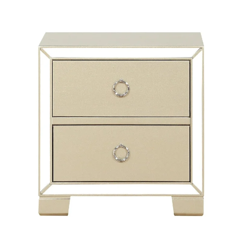 2 Drawer Contemporary Style Nightstand with Mirror Trim Inlay, Silver