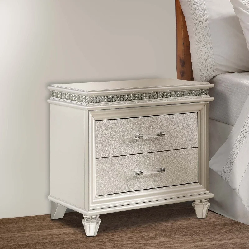 2 Drawer Nightstand with Acrylic Feet and Crystal Accents, Silver