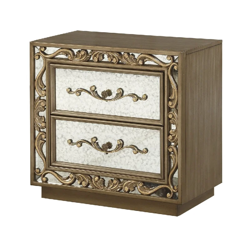 2 Drawer Wooden Nightstand with Floral Metal Pulls and Scrollwork, Gold