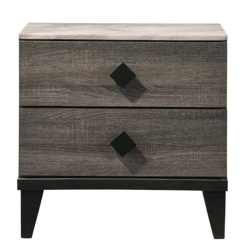 2 Drawer Wooden Nightstand with Grains and Angled Legs, Gray