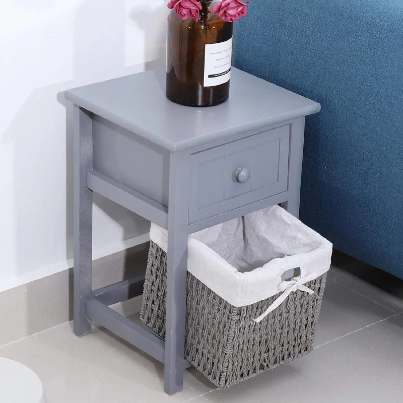 2 Piece Nightstand, Bedside Table with 2 Drawers & Storage Basket Household, White End Table Storage Cabinet for Bedroom