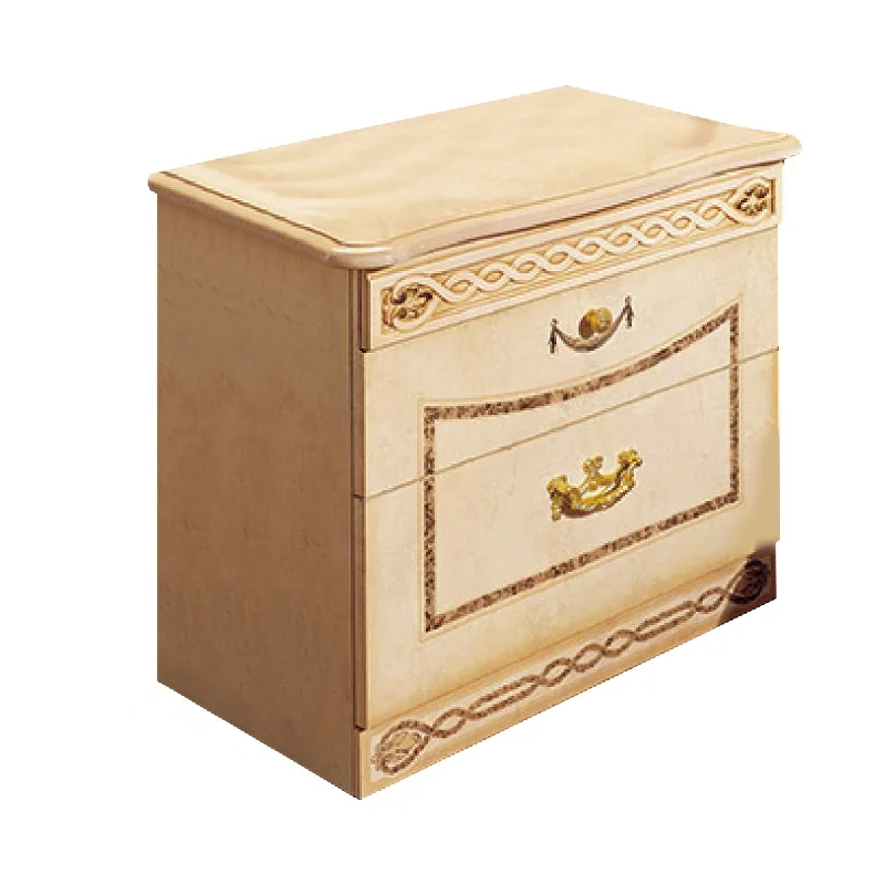 24 Inch Modern 2 Drawer Nightstand, Ornate Gold Accents, Beige