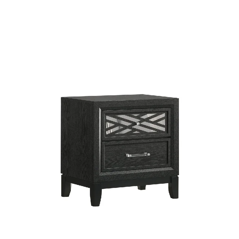 25 Inch 2 Drawer Nightstand, Mirror Trim, Wood Grain Details, Jet Black