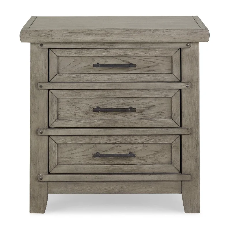 28 Inch Oliver Driftwood Style Nightstand with 3 Drawers and Black Metal Handles in European Style Trim, Beige