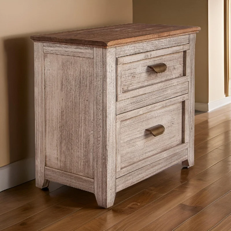 29 Inch Nightstand 2 Drawers Dual Tone Brown Cream Mango Wood