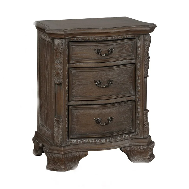 3 Drawer Nightstand with Carving and Bracket Feet Support, Brown