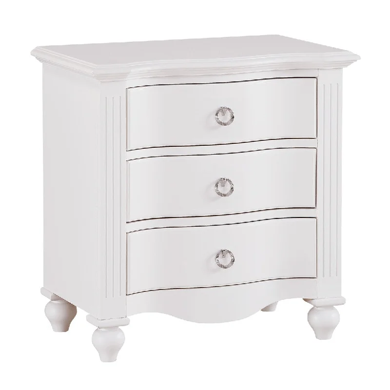 3 Drawer Nightstand with Routed Pilasters and Turned Feet, White