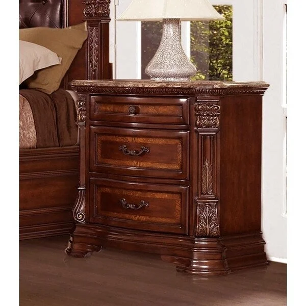 3 Drawer Wooden Night Stand With Marble Top, Cherry Brown