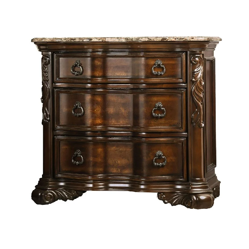 3 Drawer Wooden Nightstand with Marble Top and Scrolled Legs, Brown