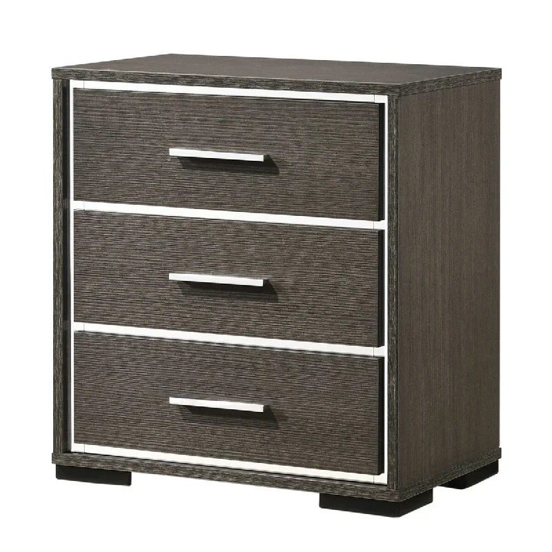 3 Drawer Wooden Nightstand with Mirror Trim Accents, Gray