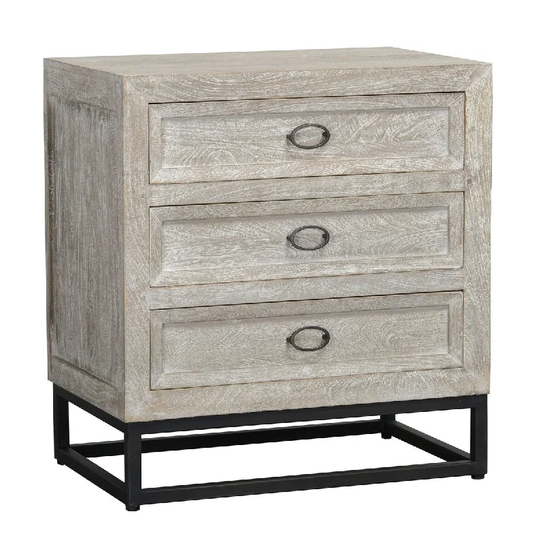 30 Inch Classic Wood Nightstand, Three Drawer, Iron Base, Handcrafted, Gray