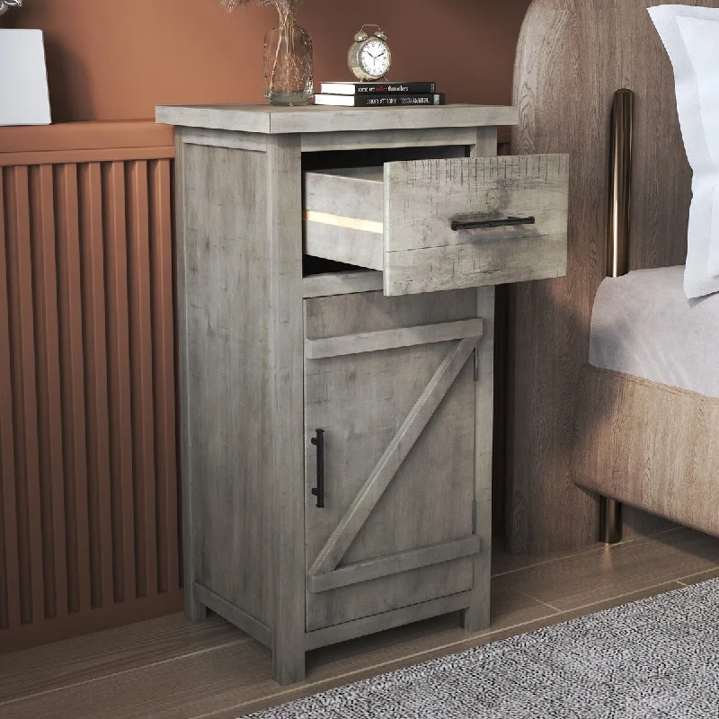 33.8''H Vintage Z-Shape Front Decor Solid Pine Wood Nightstand with 1 Sliding Drawer and Flipping Large Storage Cabinet