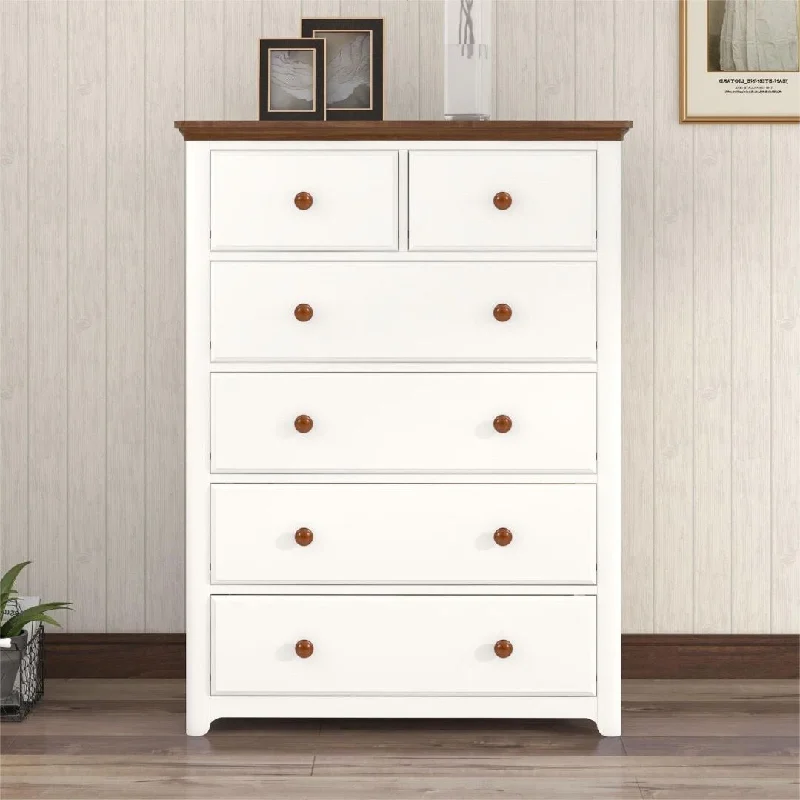 6 Drawers Wooden Chest with Wood Top Storage Cabinet Bedside White