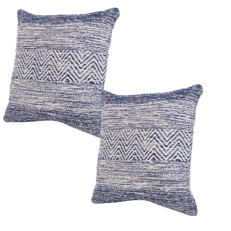 Accent Throw Pillows Set of 2, Blue White Square Cotton Pillows with Handcrafted Wavy Lined Pattern, 18 x 18 inch