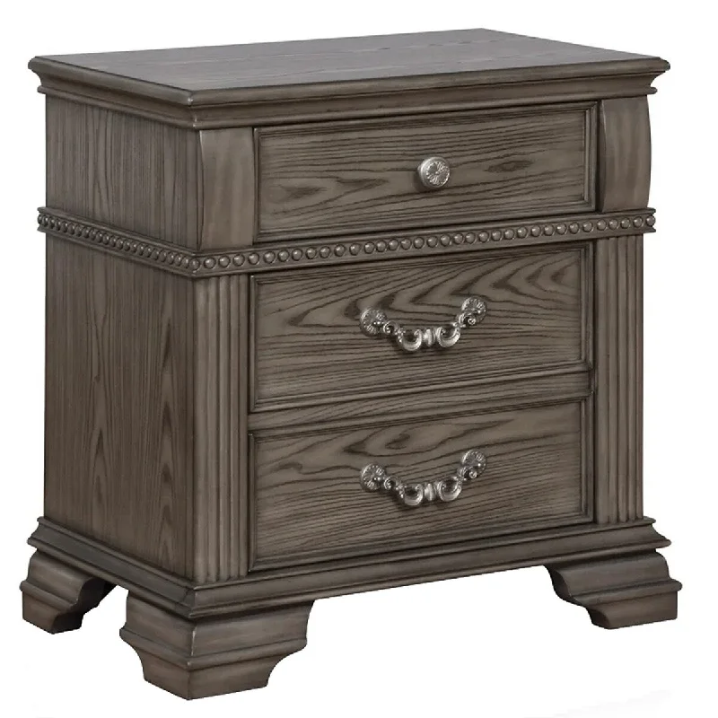 Akia 28 Inch Traditional 3 Drawer Nightstand, Metal Knobs, Smooth Gray