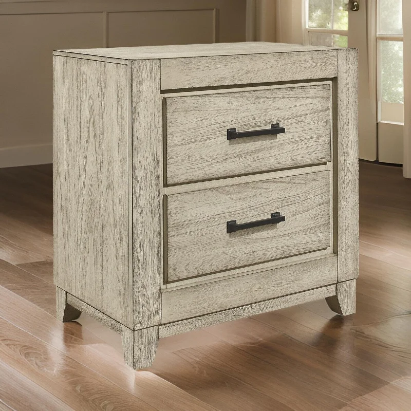 Alo 27 Inch Nightstand, 2 Drawers with Metal Handles, Rustic White Finish