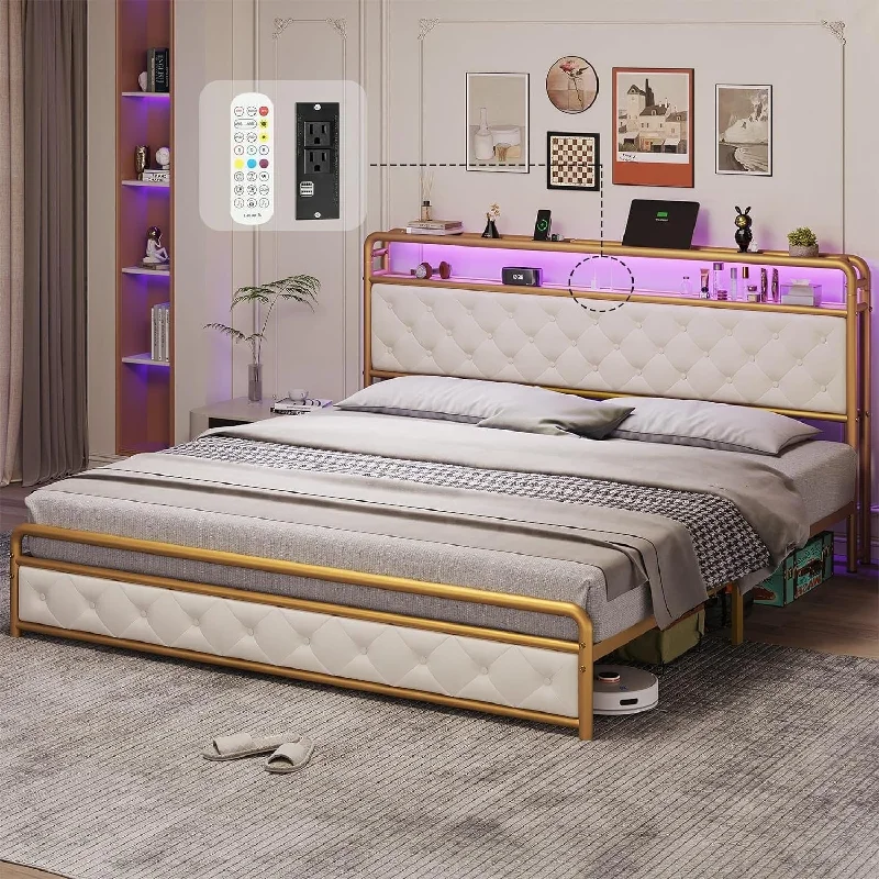 Bed Frame LED Light Headboard Platform Bed Frame Faux Leather