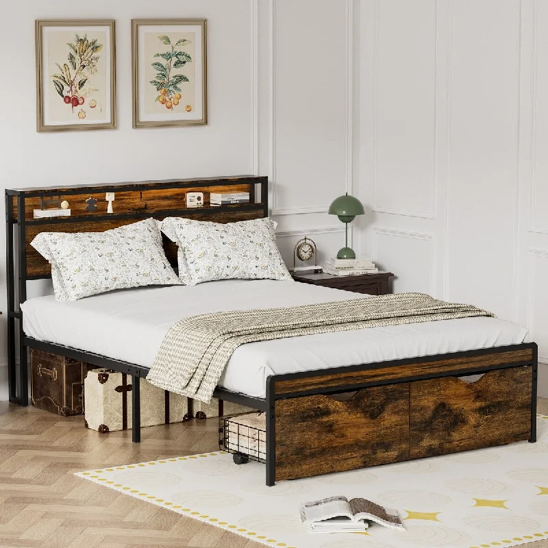 Bed Frame with Storage Headboard and 2 Drawers LED Lights Bed with Charging Station