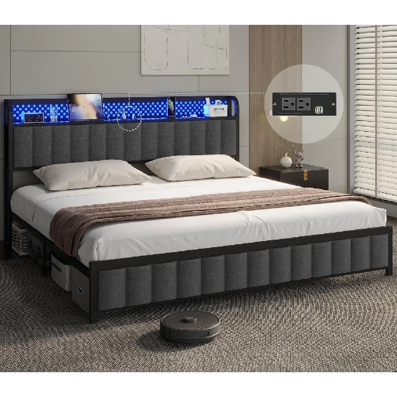 Bed Frame with Storage Headboard LED Lights Platform Bed Metal