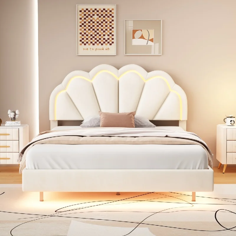 Beige Full Size Upholstered Platform Bed with Smart LED Lighting and Elegant Floral Headboard Design