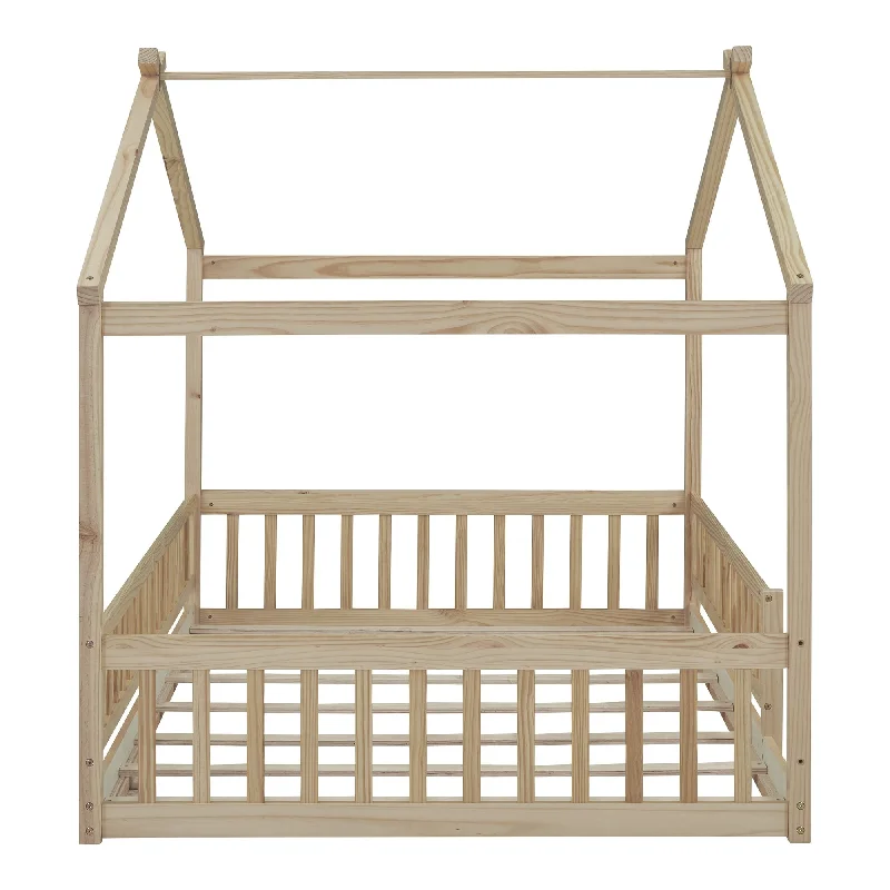 Beige Full SizeWooden House Bed with Attached Fence, Featuring Playhouse Design