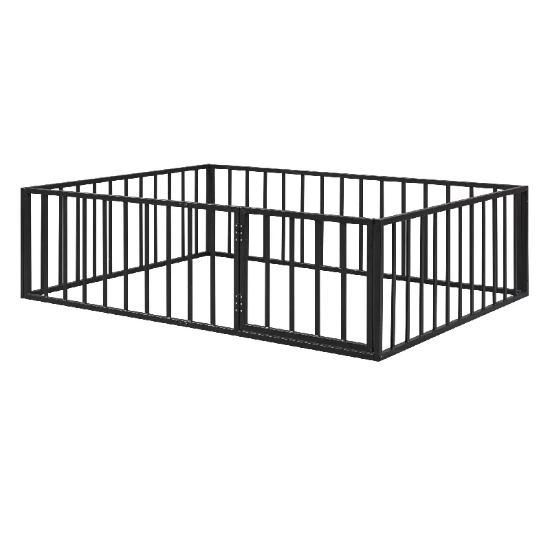 Black Full Size Metal Floor Bed Frame with Fence