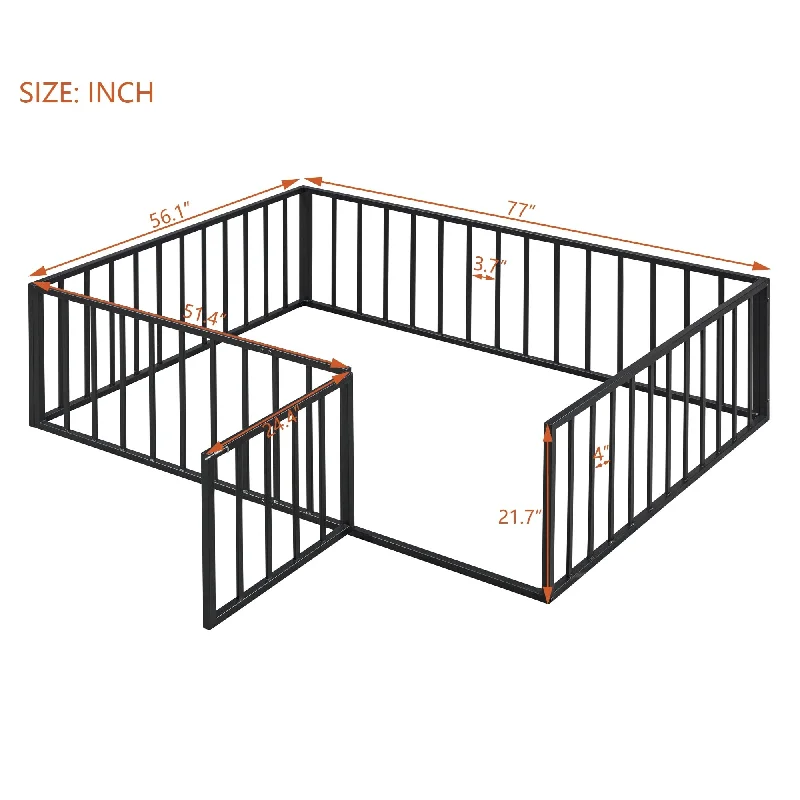 Black Full Size Metal Floor Bed Frame with Fence and Door