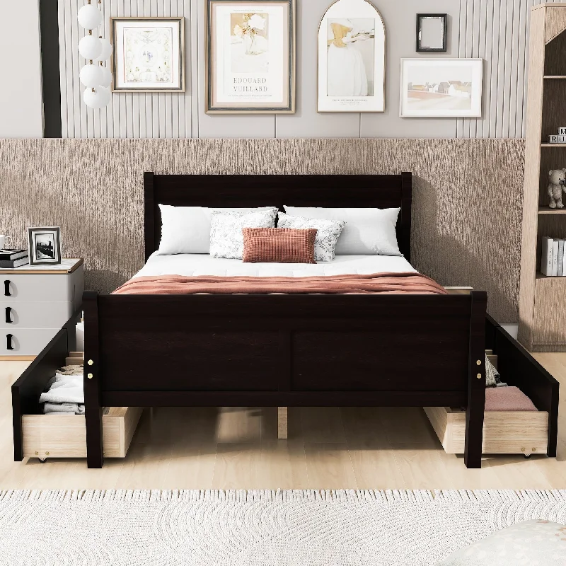 Black Full SizeElegant Wood Platform Bed with Four Drawers