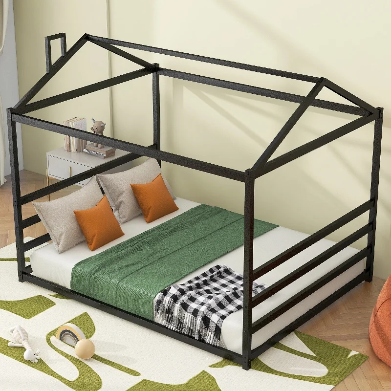 Black Queen Metal Canopy House Bed