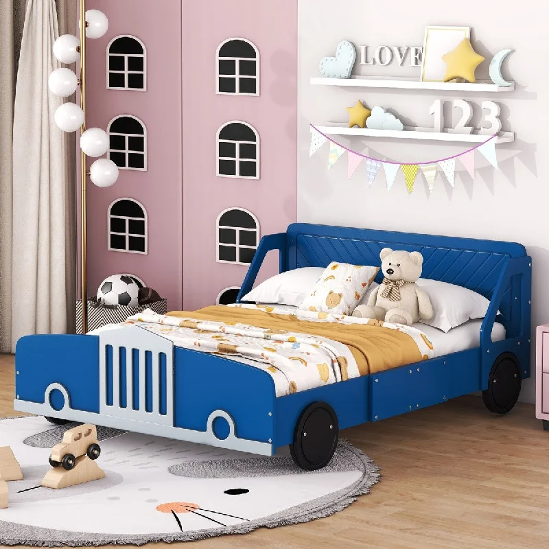 Blue Full Size Car-Shaped Platform Bed with Rolling Wheels and Unique Headboard Design