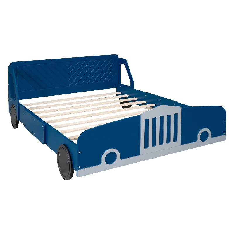 Blue Full Size Car-Themed Platform Bed with Rolling Wheels