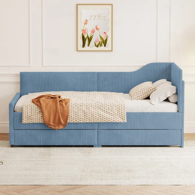 Blue Twin L-Shaped Corduroy Daybed Upholstered Bed w2 Storage Drawers