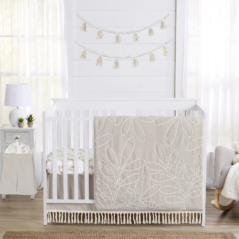 Boho Botanical Leaf Boy Girl 4pc Nursery Crib Bedding Set - Ivory Beige Tan Taupe Linen Woodland Farmhouse Floral Bohemian