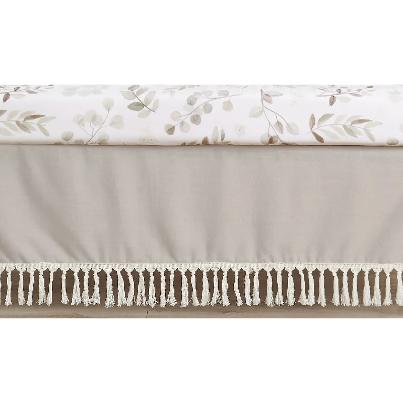 Boho Fringe Boy or Girl Crib Bed Skirt - Neutral Tan Taupe Linen Tassel Macrame for Bohemian Woodland Farmhouse Botanical Leaf