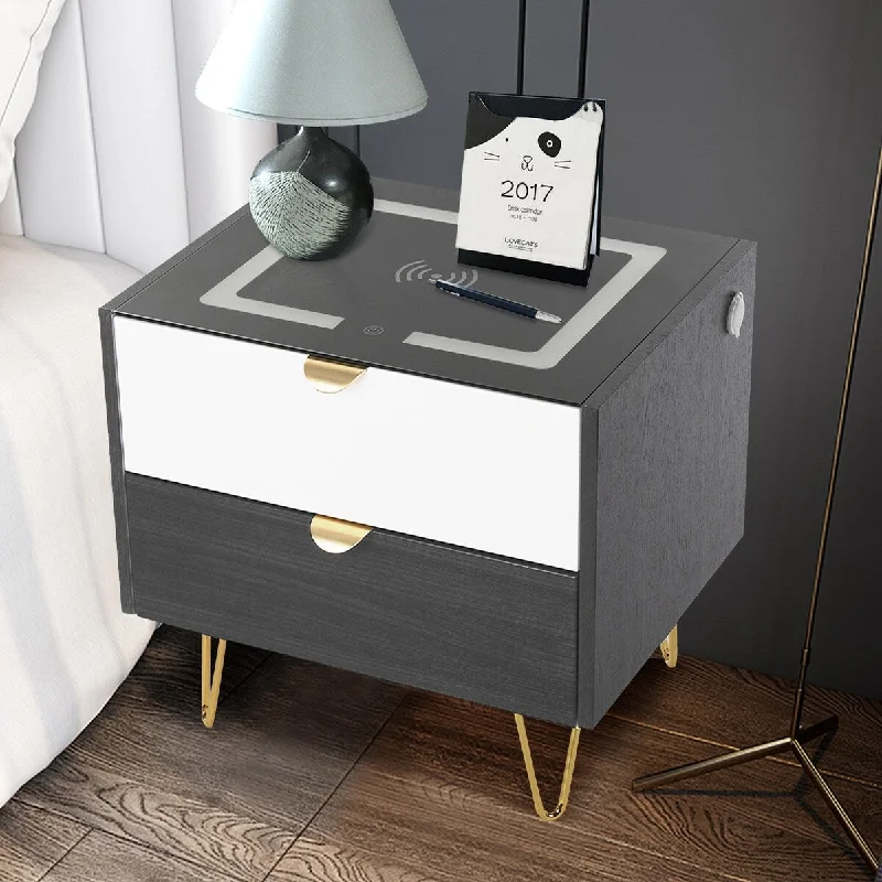 BOSCARE Smart Nightstand Wireless Charging & USB Ports & LED Lights 2 Drawers