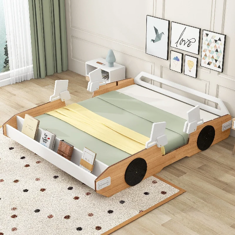 Brown Full Size Racing Car Bed with Lifelike Door Design, Storage, and Playful Magazine Holder