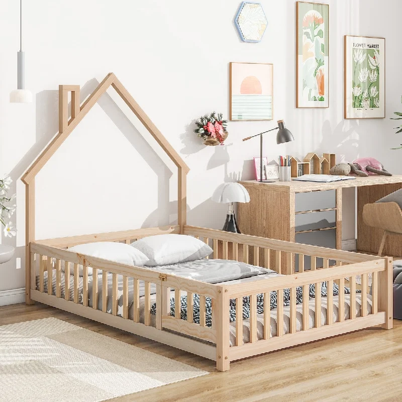 Brown Full Size Wood House Bed, Floor Bed with Shaped Headboard and Fence