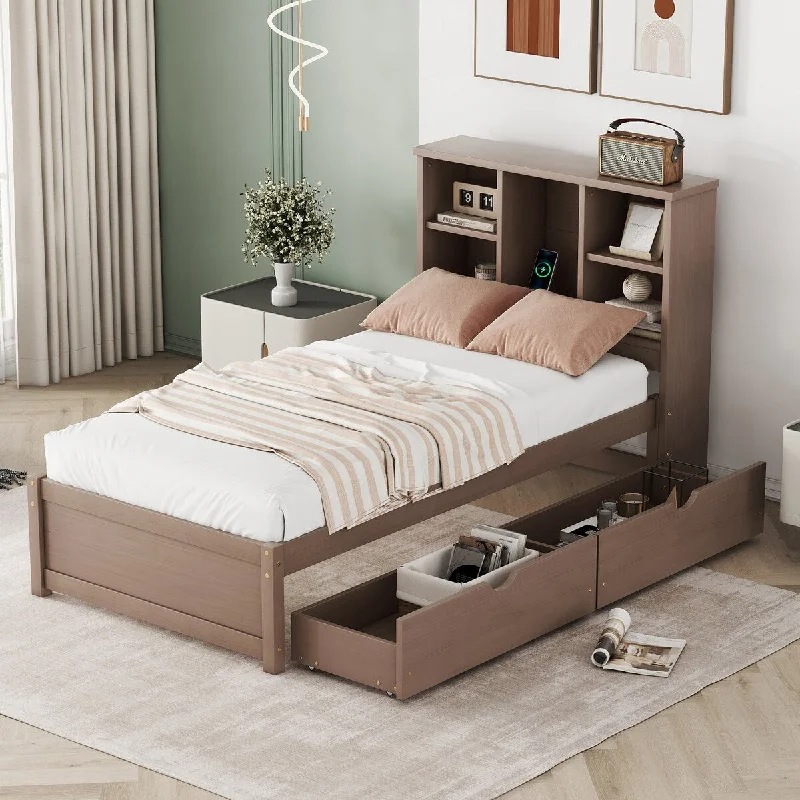 Brown Modern Twin Size Platform Bed Frame with Built-in USB Port on Bookcase Headboard and 2 Drawers