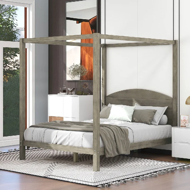 Brown Queen Size / Canopy Platform Bed with Headboard and Support Legs, /