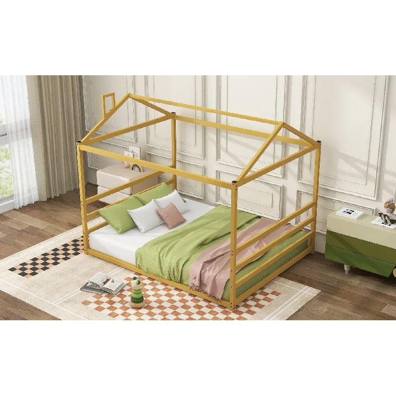 Brown Queen Size Metal Canopy House Bed