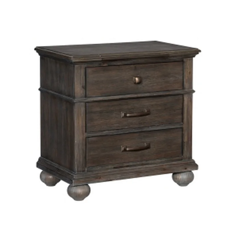 Carny 26 Inch Transitional 3 Drawer Nightstand, Bronze Metal Handles, Brown