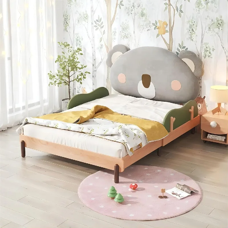 Cartoon Style Bear Headboard Adjustable Wood Frame Upholstered Kids Bed Children