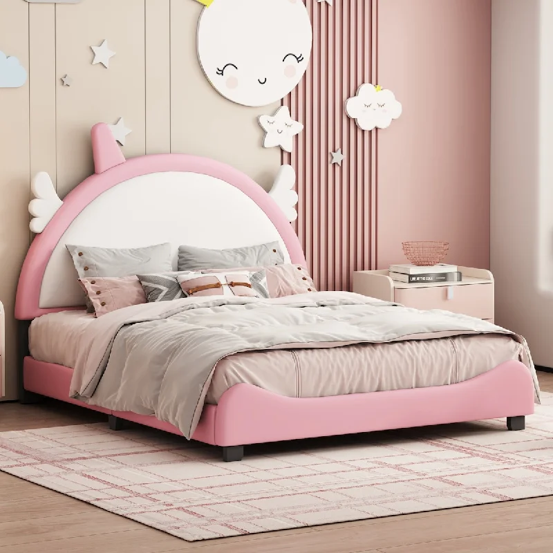 Charming Full Size Upholstered Bed with Unicorn-Shaped Headboard - Pink/White