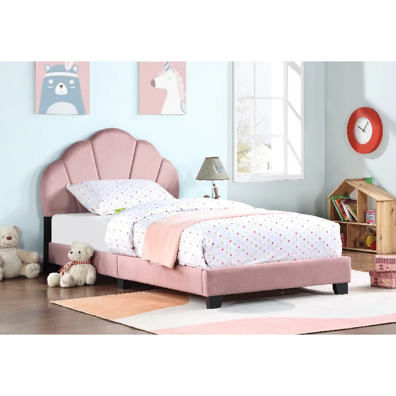 Cute Velvet Platform Bed with Unique Flower Headboard, Seashell Shaped Upholstered Bed, No Box Spring Needed, Wooden Slats