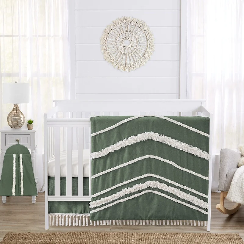 Dark Green Boho Chic Girl Boy Unisex Nursery Crib Bedding Set Solid Sage Hunter Ivory Bohemian Linen Macrame Modern Farmhouse