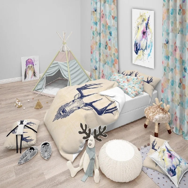 Designart 'Deer head Portrait' Sketch Animals Bedding Set - Duvet Cover & Shams