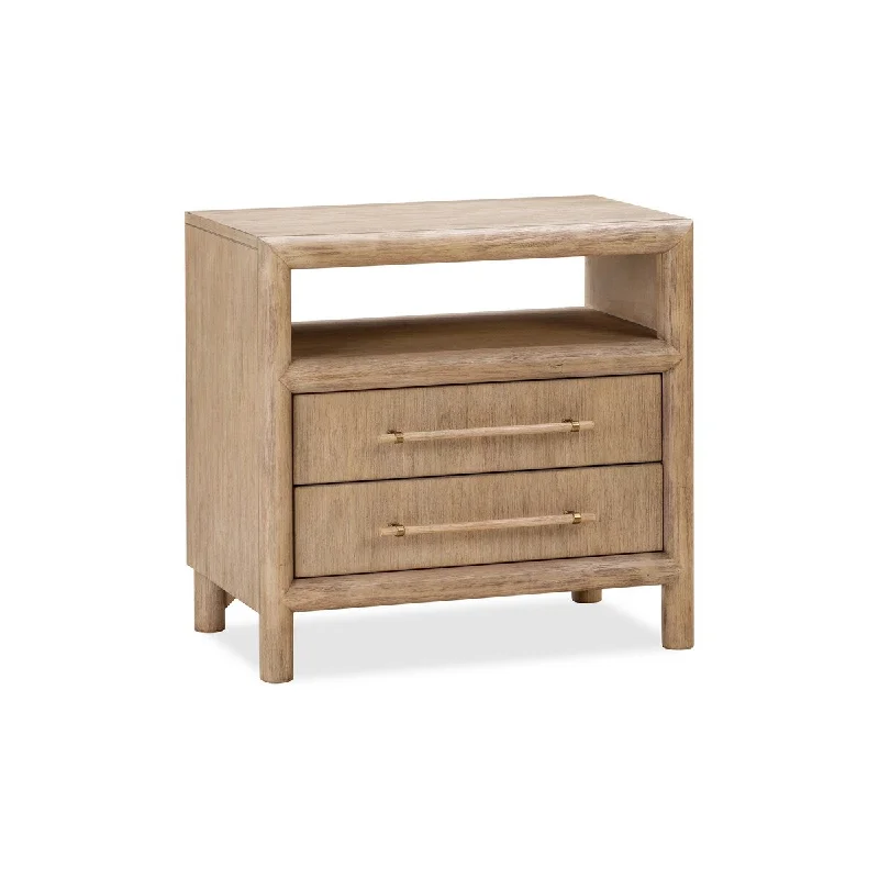 Dory 28 Inch Nightstand, 2 Drawers, Open Shelf, USB Charger, Brown Wood.